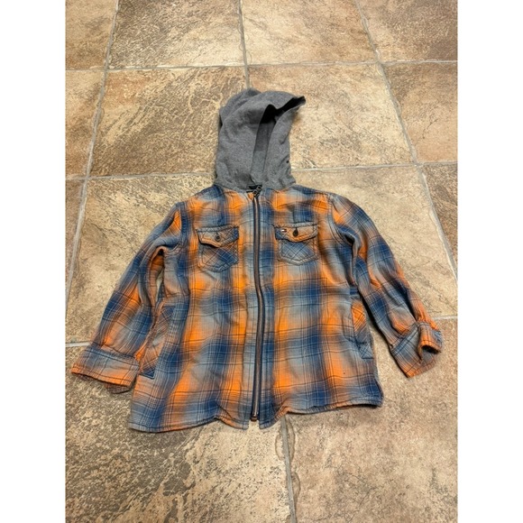 Tommy Hilfiger Other - Tommy Hilfiger Kids Orange Blue Plaid‎ Hooded Flannel Zip Up Shirt Jacket 3T